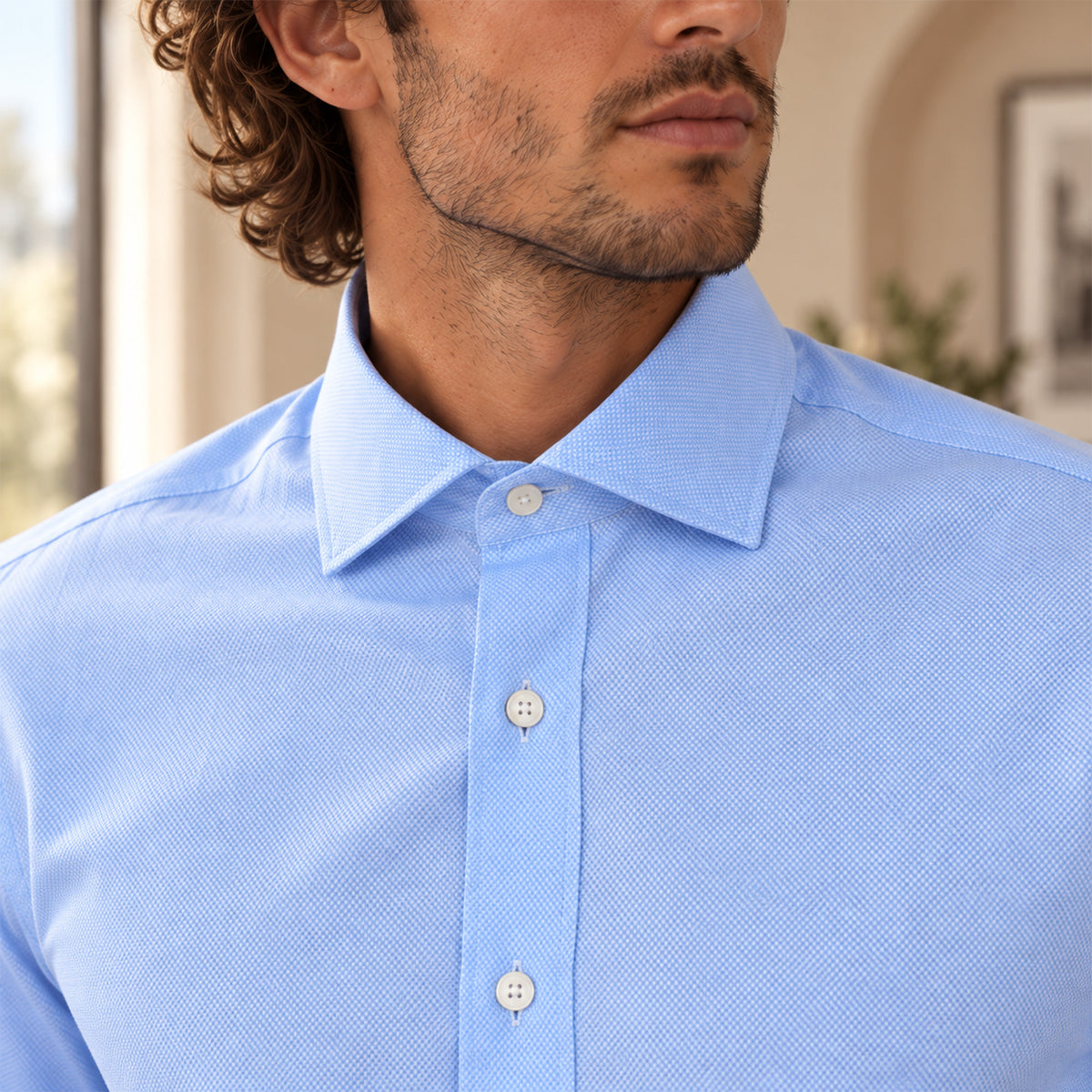 Camicia Uomo Travel in Twill Celeste con Collo Italiano
